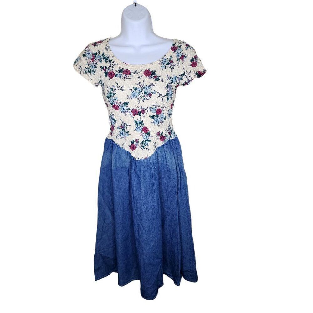 Vintage 90s Empire Waist Denim Thermal Knit Dress Womens Size S Blue Jean Floral